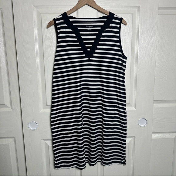 LANDS’ END Striped Cotton Jersey Sleeveless Swim Cover-Up Dress Medium Beach - Picture 1 of 13